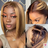 200% Highlight Bob Wigs - 13x4 Lace Front Wigs, P4/27 Colored Human Hair Wigs, Honey Brown 13x6 Straight Lace Frontal 100%  Remy Wigs Sweet T 52