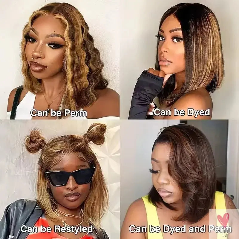 200% Highlight Bob Wigs - 13x4 Lace Front Wigs, P4/27 Colored Human Hair Wigs, Honey Brown 13x6 Straight Lace Frontal 100%  Remy Wigs Sweet T 52