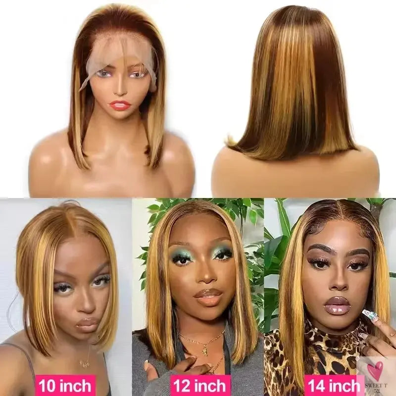 200% Highlight Bob Wigs - 13x4 Lace Front Wigs, P4/27 Colored Human Hair Wigs, Honey Brown 13x6 Straight Lace Frontal 100%  Remy Wigs Sweet T 52