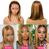 200% Highlight Bob Wigs - 13x4 Lace Front Wigs, P4/27 Colored Human Hair Wigs, Honey Brown 13x6 Straight Lace Frontal 100%  Remy Wigs Sweet T 52