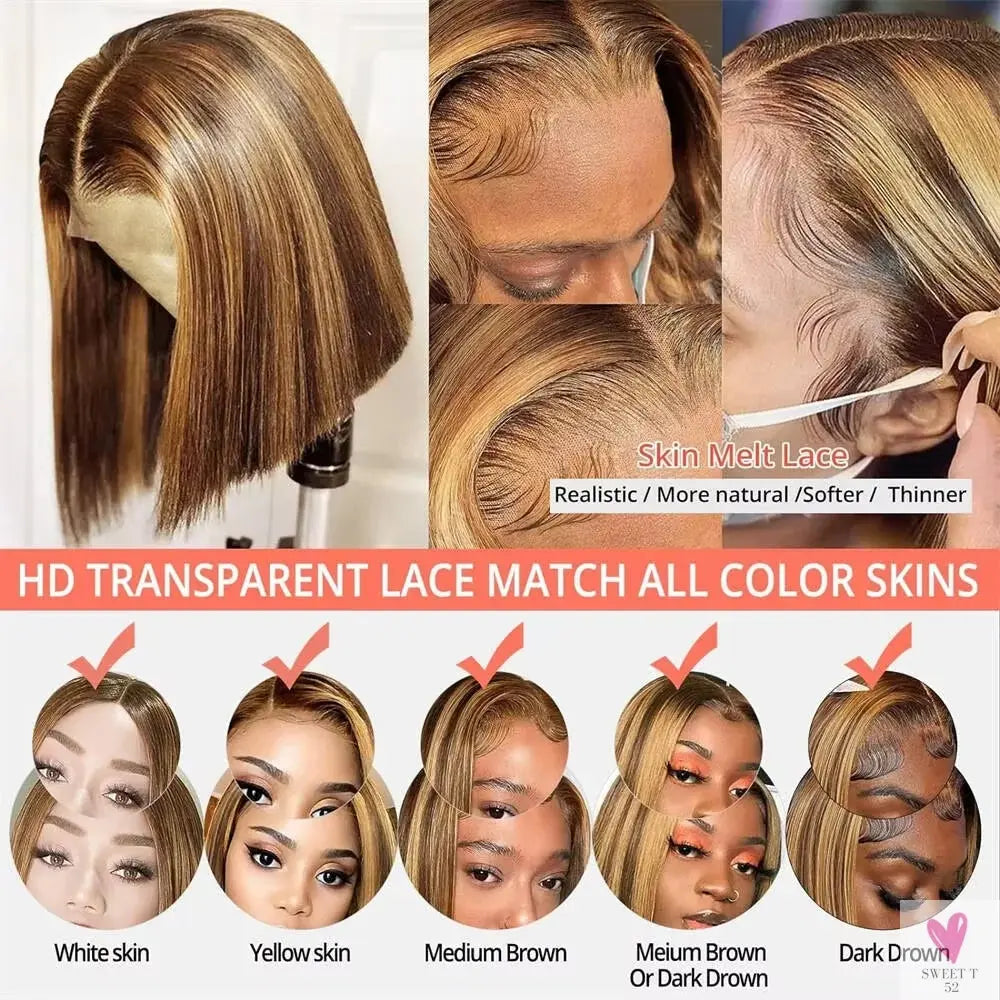 200% Highlight Bob Wigs - 13x4 Lace Front Wigs, P4/27 Colored Human Hair Wigs, Honey Brown 13x6 Straight Lace Frontal 100%  Remy Wigs Sweet T 52