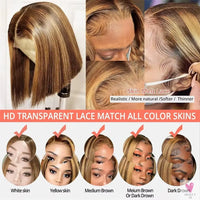 200% Highlight Bob Wigs - 13x4 Lace Front Wigs, P4/27 Colored Human Hair Wigs, Honey Brown 13x6 Straight Lace Frontal 100%  Remy Wigs Sweet T 52