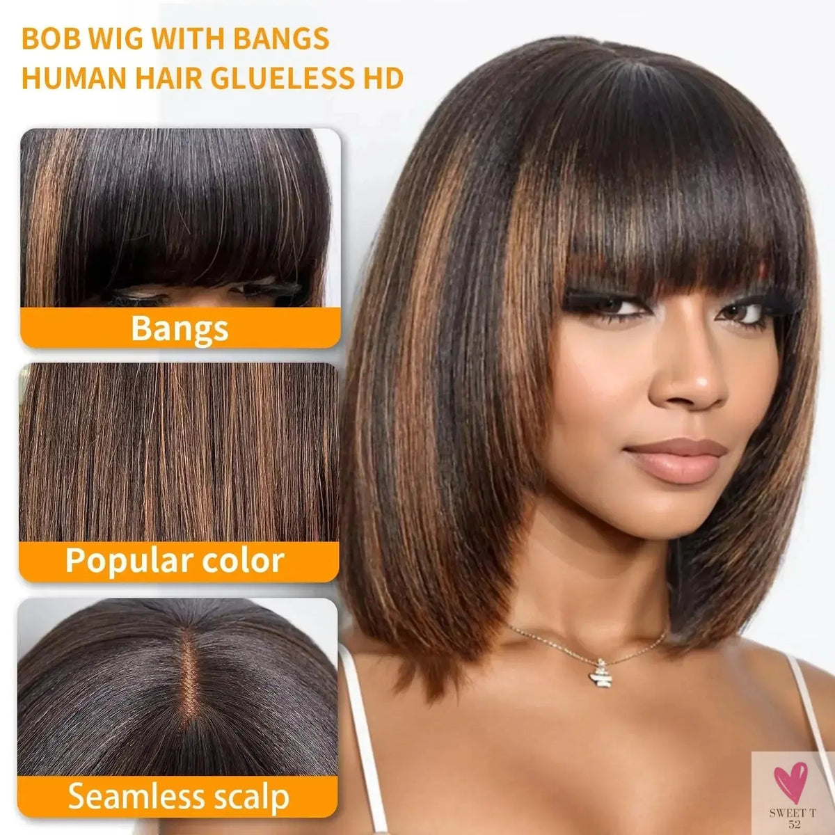 200% Highlight Bob Wigs - 13x4 Lace Front Wigs, P4/27 Colored Human Hair Wigs, Honey Brown 13x6 Straight Lace Frontal 100%  Remy Wigs Sweet T 52