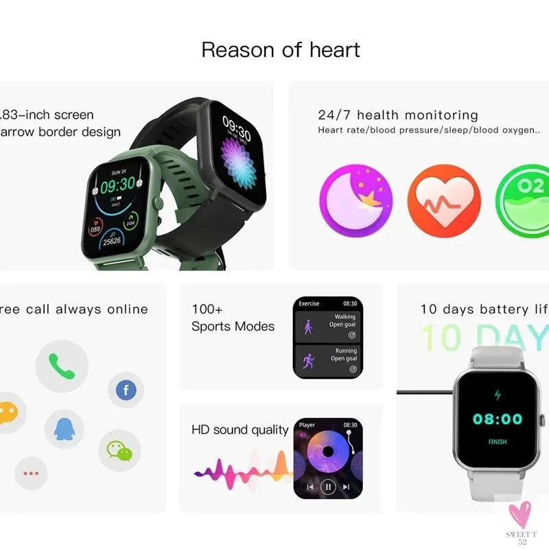 2024 Bluetooth Call Watch 9, Smart Watch for Men/Women/Boys & Girls: Tracker, Blood Pressure, Heart Rate-fitness monitor-SWEET T 52