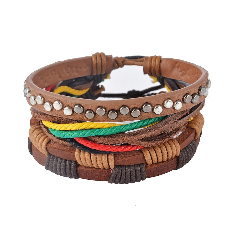 Leather Bracelet for Men - Multi-layer Bead Bracelet, Punk Wrap Bracelets, Vintage punk Men's Jewelry