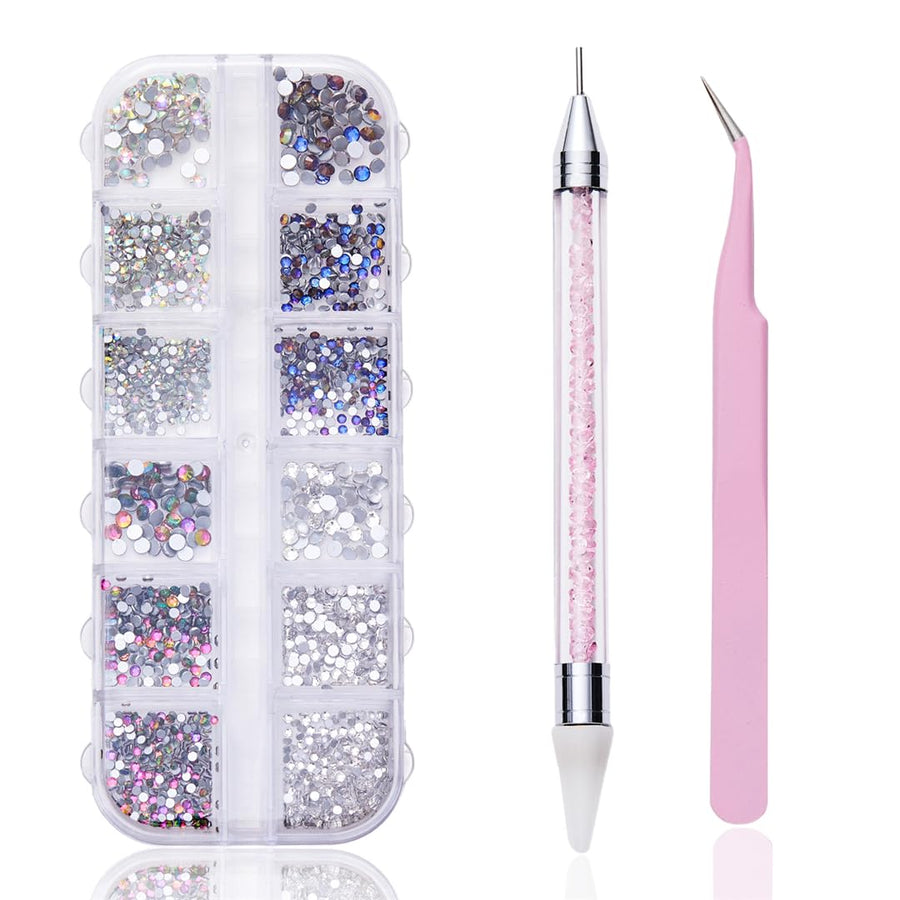 12 grid flat back Rhinestones with Tweezers and Wax Pencil Gems  DIY decorative Nail Face and apparel accessories (crystalcrystal ABfive color and blue flame)