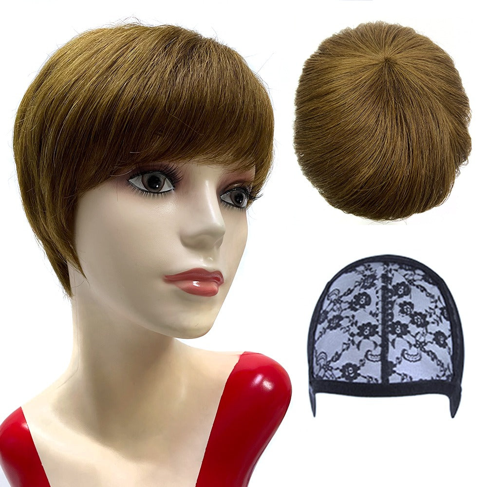 Natural Pixie Cut Red Brown Human Hair Wig