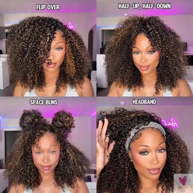 3 IN 1 Half Wig  - Wear & Go Kinky Curly Highlight, Ombre Brown Human Hair, Pre-Styled Wig, Invisible Hairline with Drawsting SWEET T 52