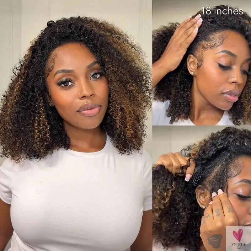3 IN 1 Half Wig  - Wear & Go Kinky Curly Highlight, Ombre Brown Human Hair, Pre-Styled Wig, Invisible Hairline with Drawsting SWEET T 52