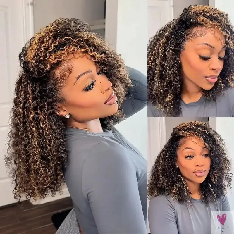 3 IN 1 Half Wig  - Wear & Go Kinky Curly Highlight, Ombre Brown Human Hair, Pre-Styled Wig, Invisible Hairline with Drawsting SWEET T 52