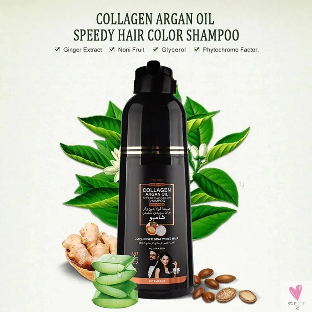 3-in-1 Collagen Argan Oil Shampoo - Long-Lasting Black Hair Dye/Shampoo for Men/Women, Nourishes & Colors Gray Hair, 400 ml Formula SWEET T 52
