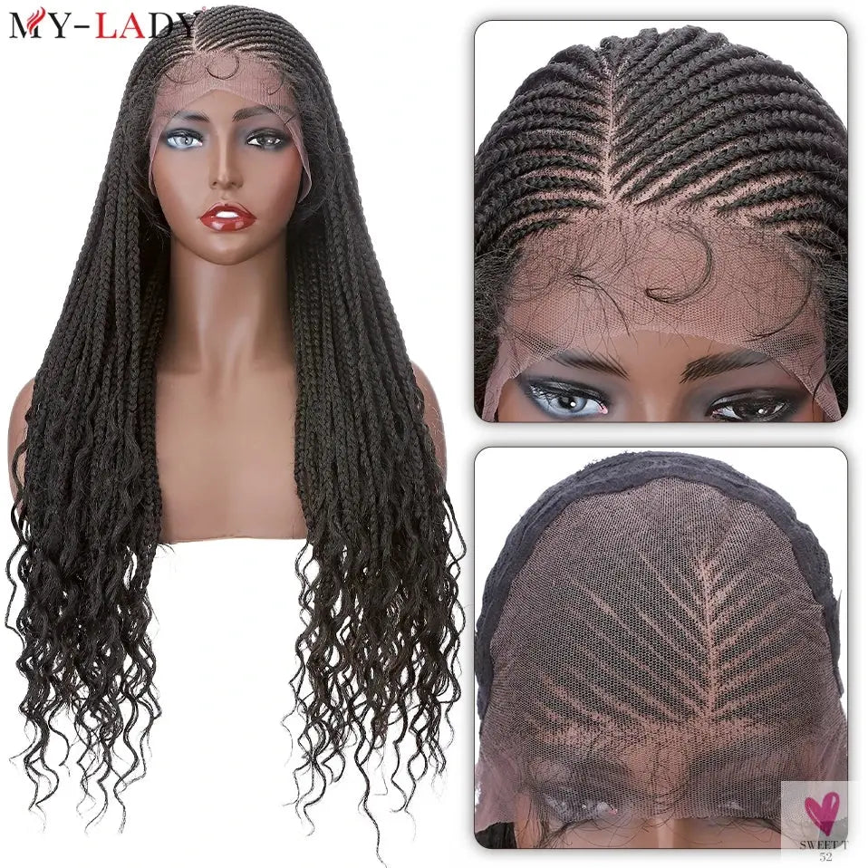 36 Inch Synthetic Braided Wigs, Cornrow Lace Front Wigs, Curly Ends for Women with Baby Hair Sweet T 52