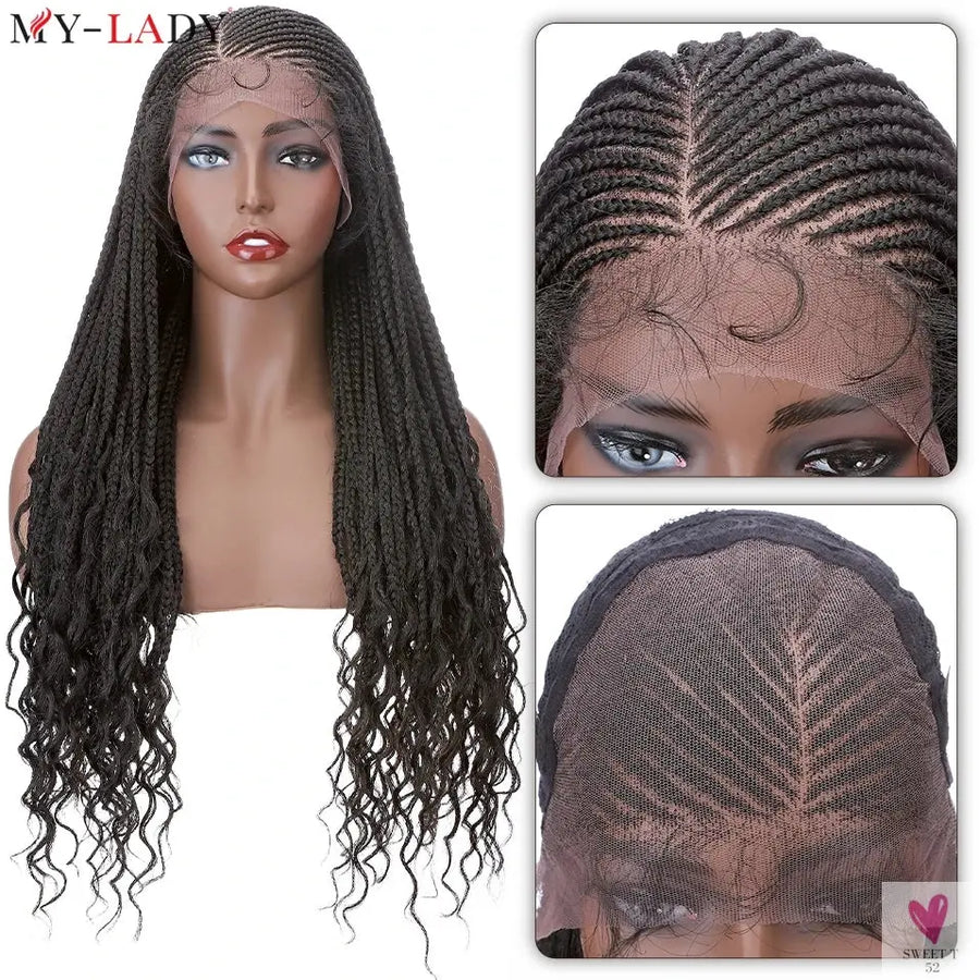 36 Inch Synthetic Braided Wigs, Cornrow Lace Front Wigs, Curly Ends for Women with Baby Hair Sweet T 52