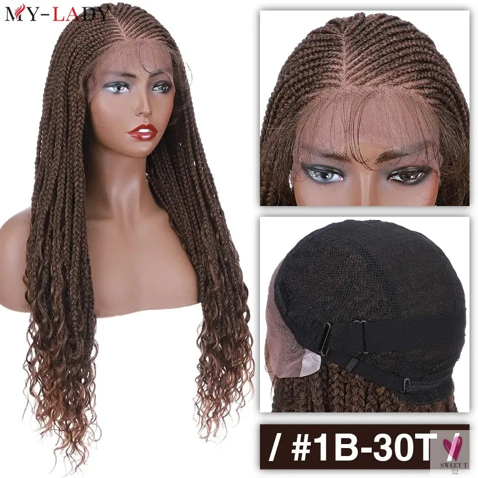 36 Inch Synthetic Braided Wigs, Cornrow Lace Front Wigs, Curly Ends for Women with Baby Hair Sweet T 52