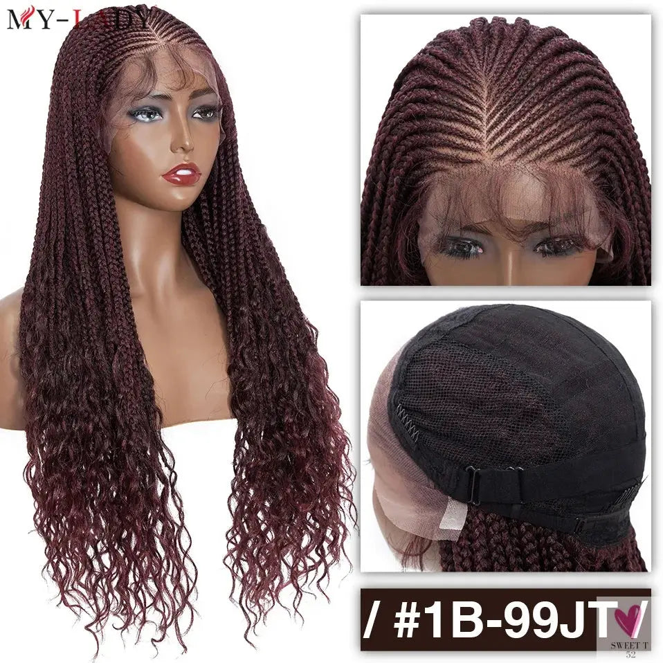 36 Inch Synthetic Braided Wigs, Cornrow Lace Front Wigs, Curly Ends for Women with Baby Hair Sweet T 52