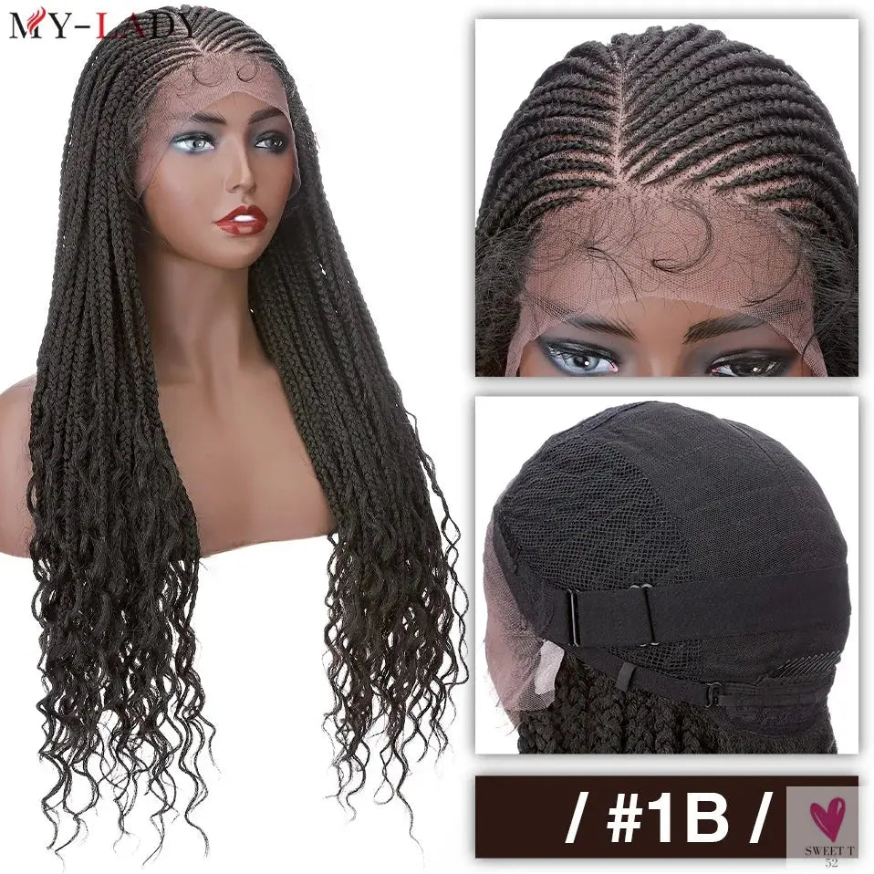 36 Inch Synthetic Braided Wigs, Cornrow Lace Front Wigs, Curly Ends for Women with Baby Hair Sweet T 52