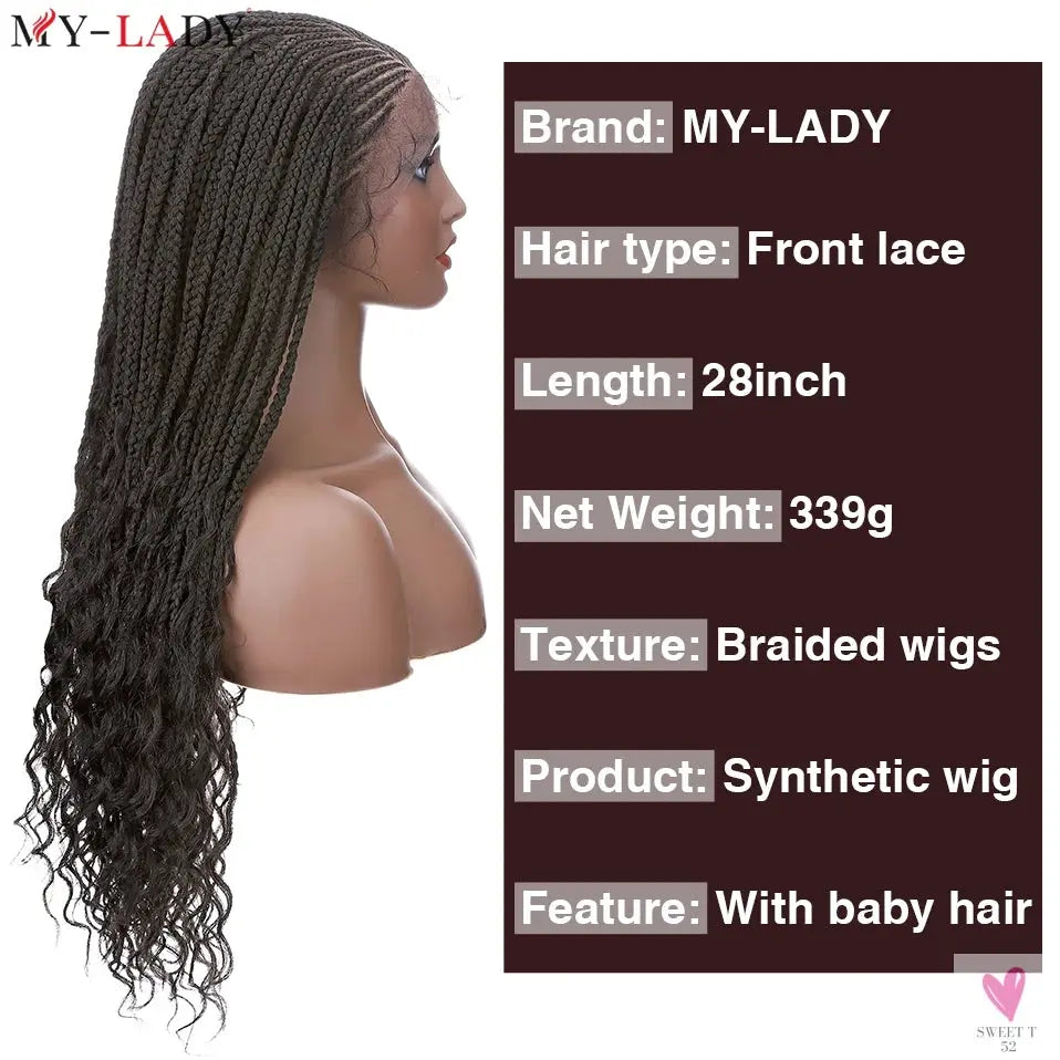 36 Inch Synthetic Braided Wigs, Cornrow Lace Front Wigs, Curly Ends for Women with Baby Hair Sweet T 52