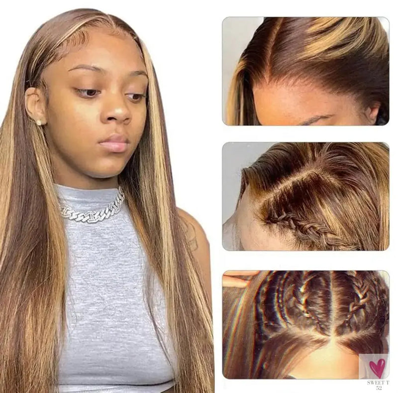 360 Highlight Ombre Straight Lace Front Wigs - Human Hair HD Full Lace Frontal Wig for Women, 180% Density Sweet T 52