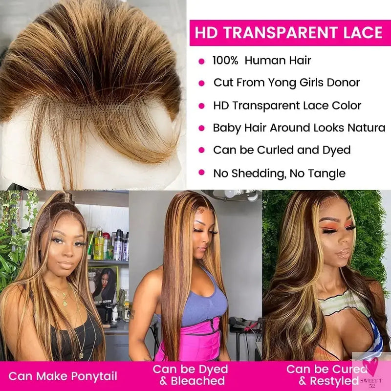 360 Highlight Ombre Straight Lace Front Wigs - Human Hair HD Full Lace Frontal Wig for Women, 180% Density Sweet T 52