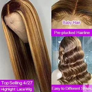 360 Highlight Ombre Straight Lace Front Wigs - Human Hair HD Full Lace Frontal Wig for Women, 180% Density Sweet T 52