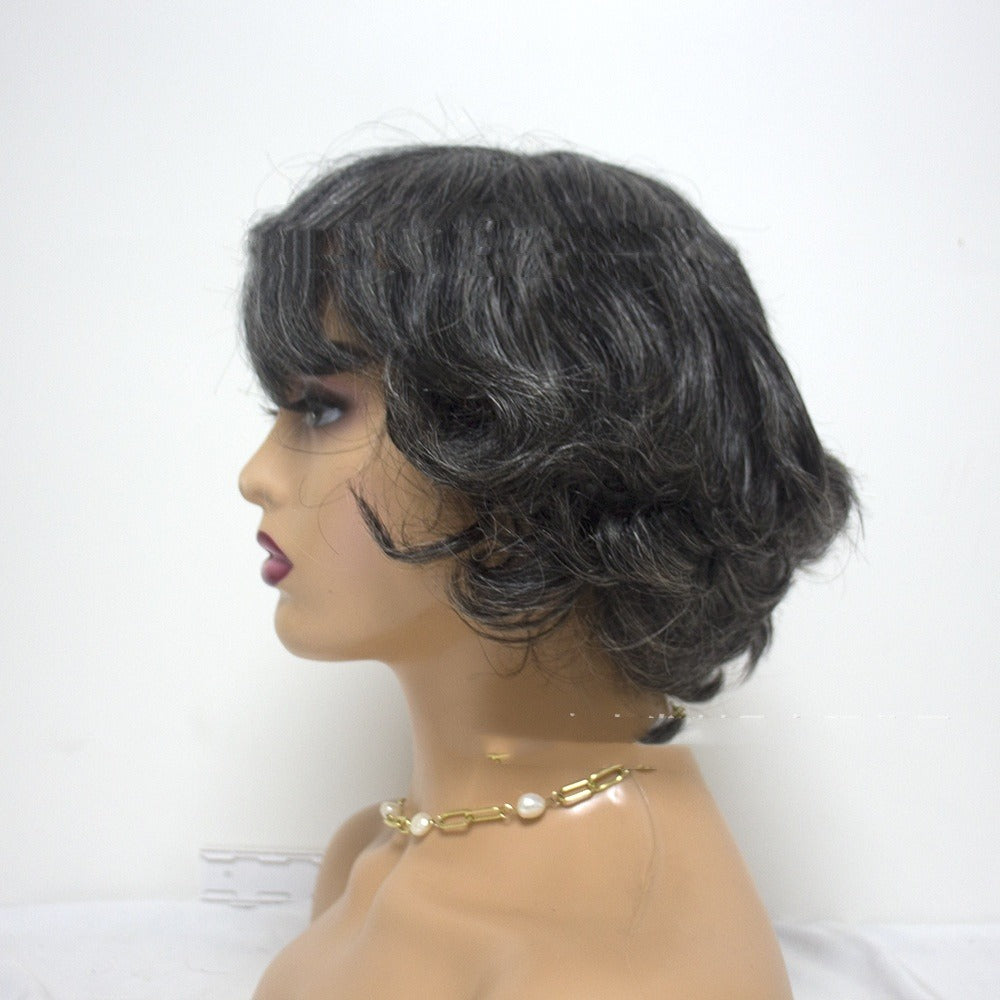 European & American Human Hair Grey Wig, Short Curls, 8 Inches