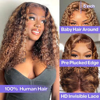 427 Highlight Bob Wigs - Human Hair Glueless Deep Wave Frontal Wigs, 5X5 Hd Lace Closure Wigs Sweet T 52