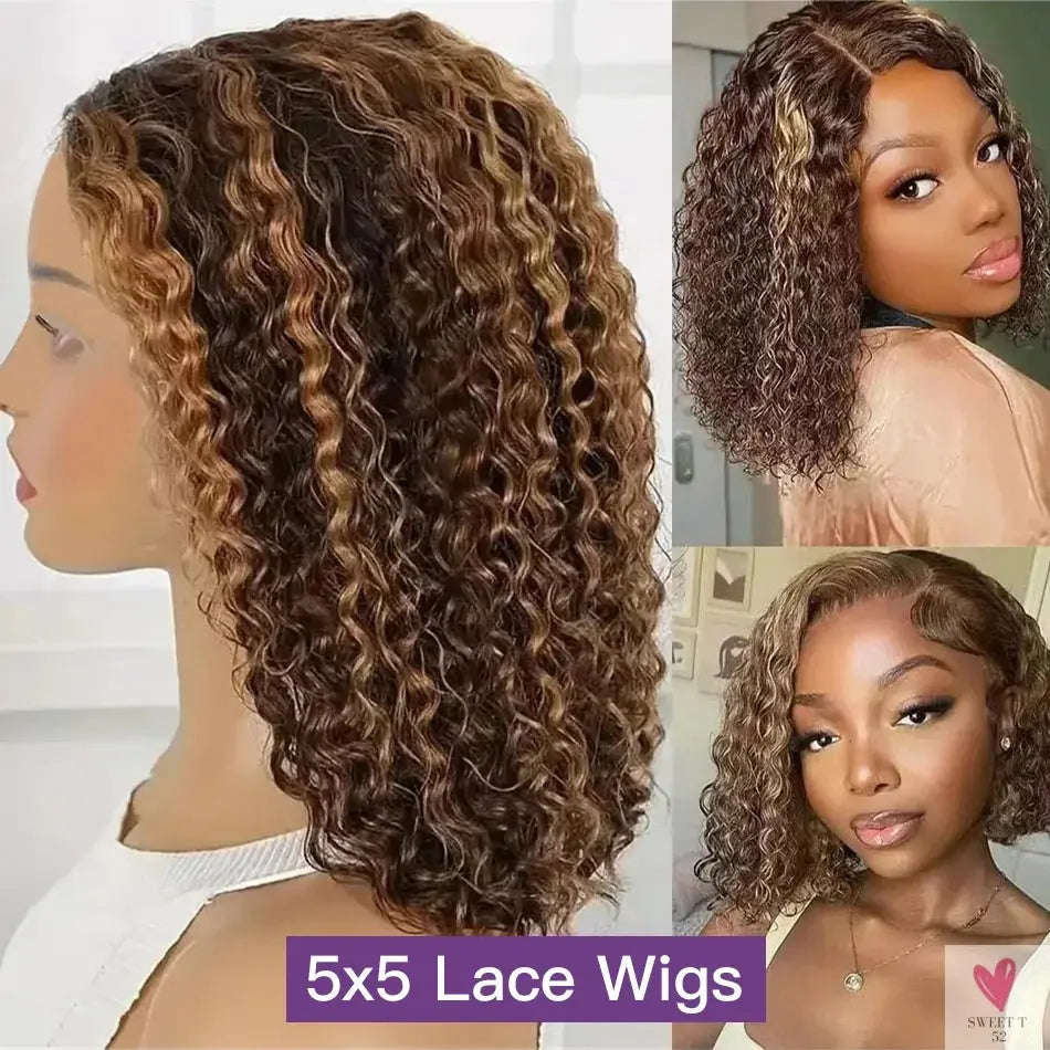 427 Highlight Bob Wigs - Human Hair Glueless Deep Wave Frontal Wigs, 5X5 Hd Lace Closure Wigs Sweet T 52