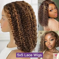 427 Highlight Bob Wigs - Human Hair Glueless Deep Wave Frontal Wigs, 5X5 Hd Lace Closure Wigs Sweet T 52