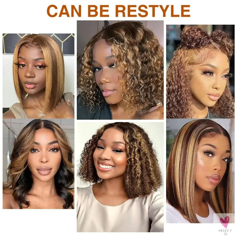 427 Highlight Bob Wigs - Human Hair Glueless Deep Wave Frontal Wigs, 5X5 Hd Lace Closure Wigs Sweet T 52