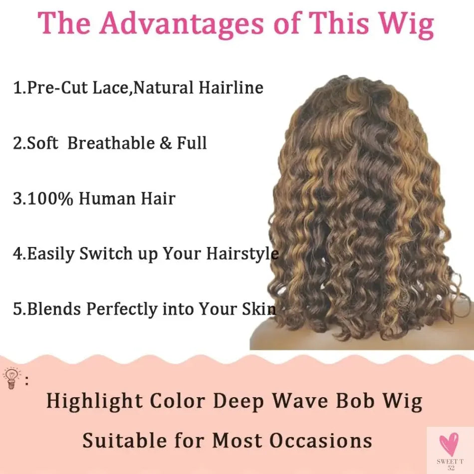 427 Highlight Bob Wigs - Human Hair Glueless Deep Wave Frontal Wigs, 5X5 Hd Lace Closure Wigs Sweet T 52