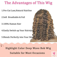 427 Highlight Bob Wigs - Human Hair Glueless Deep Wave Frontal Wigs, 5X5 Hd Lace Closure Wigs Sweet T 52