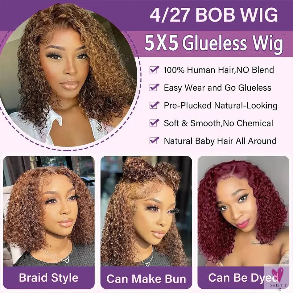 427 Highlight Bob Wigs - Human Hair Glueless Deep Wave Frontal Wigs, 5X5 Hd Lace Closure Wigs Sweet T 52
