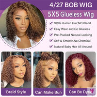 427 Highlight Bob Wigs - Human Hair Glueless Deep Wave Frontal Wigs, 5X5 Hd Lace Closure Wigs Sweet T 52