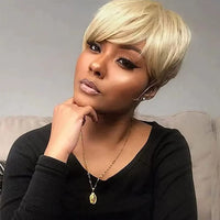 Short Pixie Cut Wig Human Hair Brazilian 100% Human Hair Full Machine Wigs Glueless Pixie Wig with Bangs for Women Natural Black