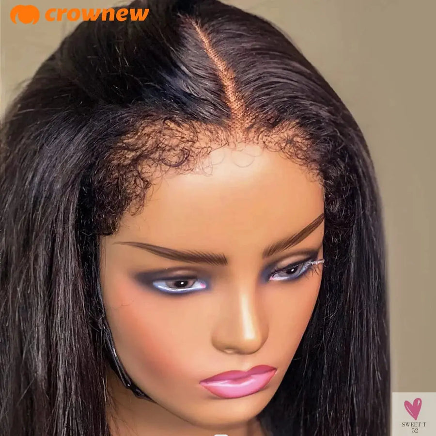 4C kinky Edges Wig Natural Hairline Bleached Knots Straight Human Hair Wigs 13x4 HD Lace Frontal Wig Glueless Wigs Human Hair Sweet T 52
