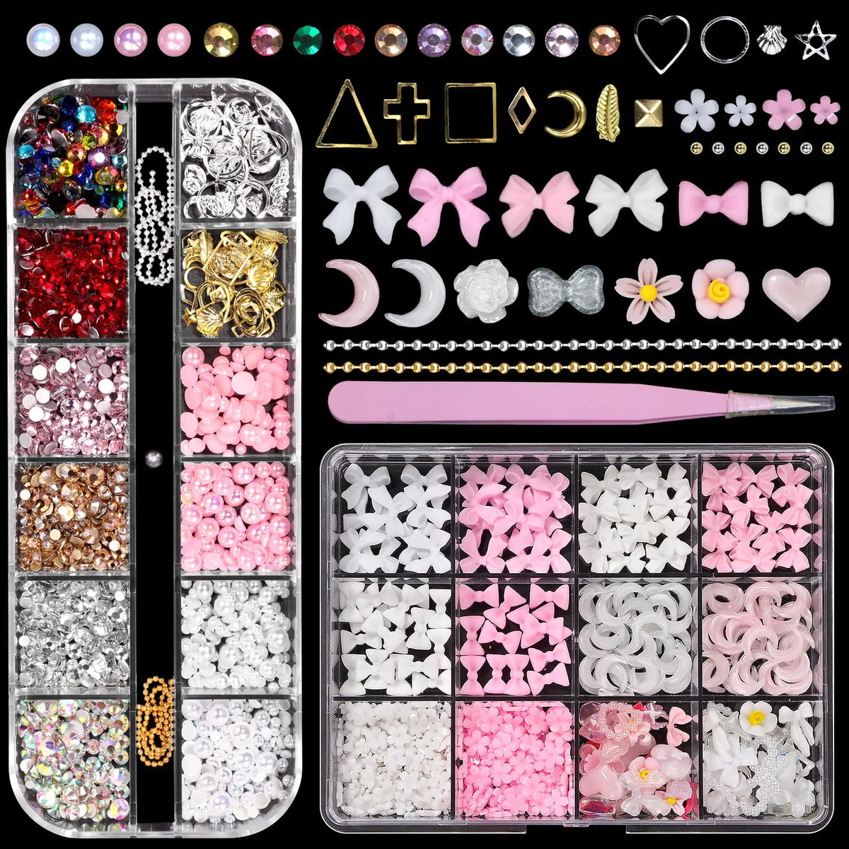 2 Boxes Pink White Acrylic Nail Charms and Gems - Bow/Moon/Flower Nail Art Charms, 3D Nail Charms with Rhinestones.