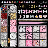 2 Boxes Pink White Acrylic Nail Charms and Gems - Bow/Moon/Flower Nail Art Charms, 3D Nail Charms with Rhinestones.