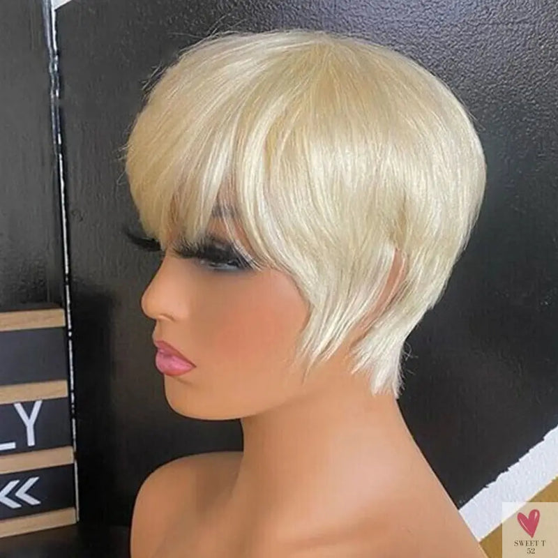 613 Blonde Short Pixie Human Hair Wig With Bangs For Women Brazilian Remy Hair Colored Straight Bob Wear and Go Easy Wig Sweet T 52