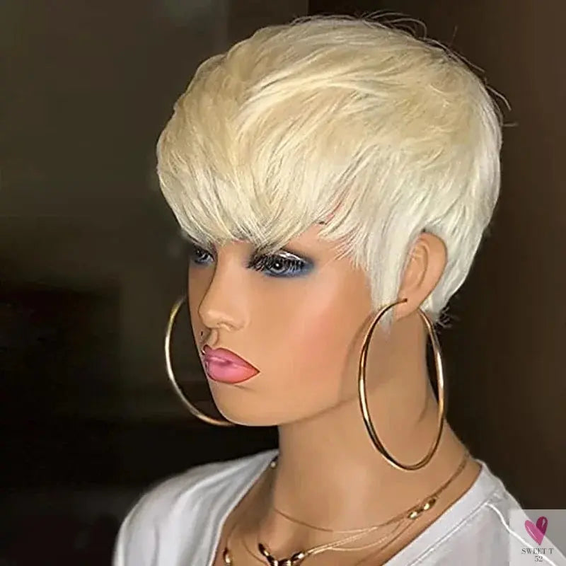 613 Blonde Short Pixie Human Hair Wig With Bangs For Women Brazilian Remy Hair Colored Straight Bob Wear and Go Easy Wig Sweet T 52