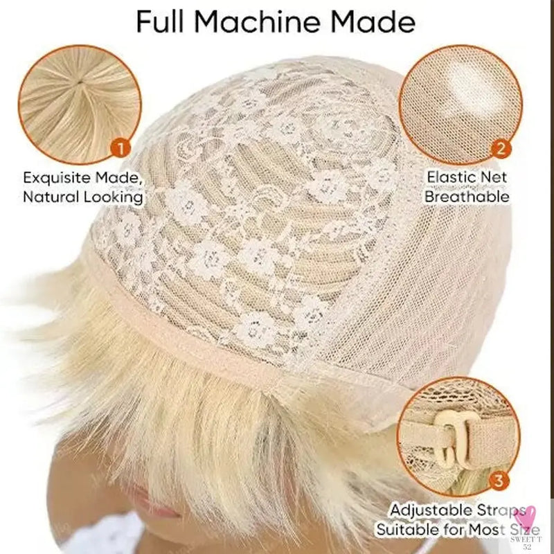 613 Blonde Short Pixie Human Hair Wig With Bangs For Women Brazilian Remy Hair Colored Straight Bob Wear and Go Easy Wig Sweet T 52