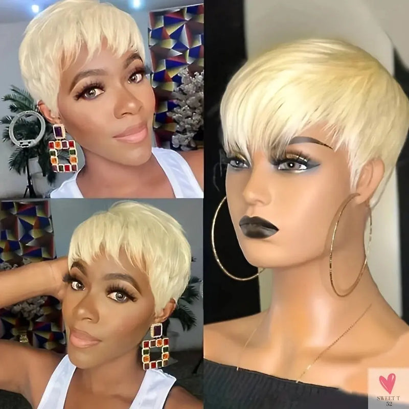 613 Blonde Short Pixie Human Hair Wig With Bangs For Women Brazilian Remy Hair Colored Straight Bob Wear and Go Easy Wig Sweet T 52