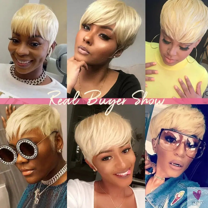 613 Blonde Short Pixie Human Hair Wig With Bangs For Women Brazilian Remy Hair Colored Straight Bob Wear and Go Easy Wig Sweet T 52