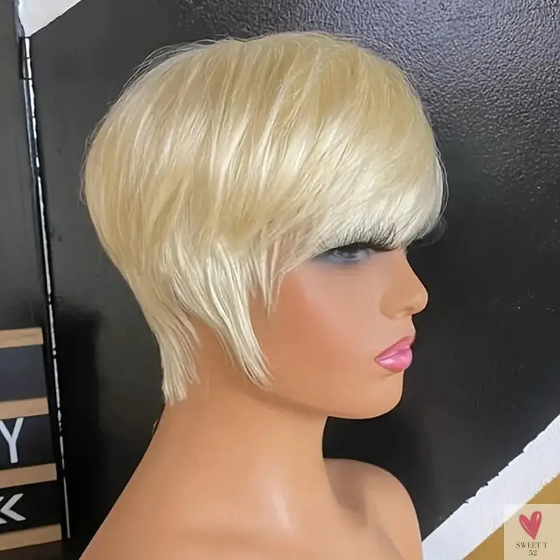 613 Blonde Short Pixie Human Hair Wig With Bangs For Women Brazilian Remy Hair Colored Straight Bob Wear and Go Easy Wig Sweet T 52