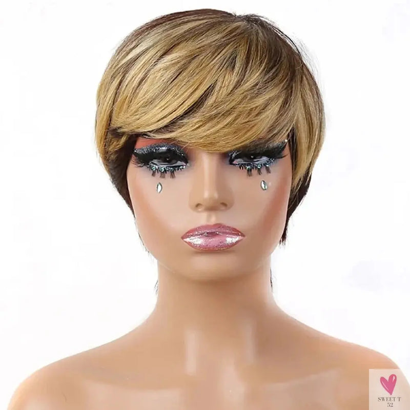 613 Blonde Short Pixie Human Hair Wig With Bangs For Women Brazilian Remy Hair Colored Straight Bob Wear and Go Easy Wig Sweet T 52
