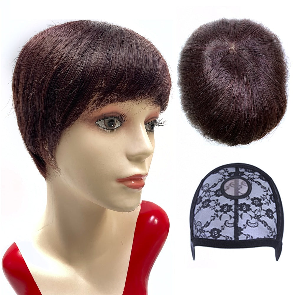 Natural Pixie Cut Red Brown Human Hair Wig