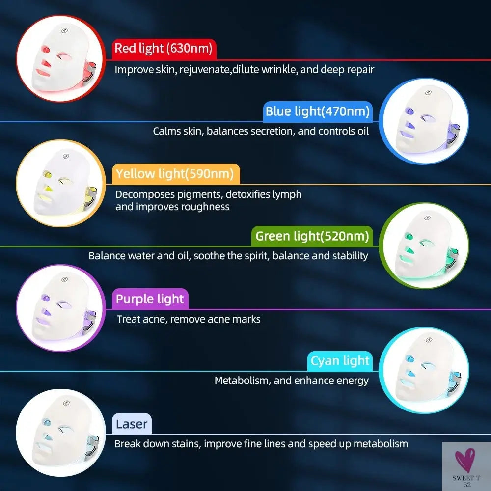 7 Colors Led Facial Mask With Neck Red Light Therapy Mask For Skin Tightening Lifting Anti-aging Bio-Light Beauty Whitening Home SWEET T 52