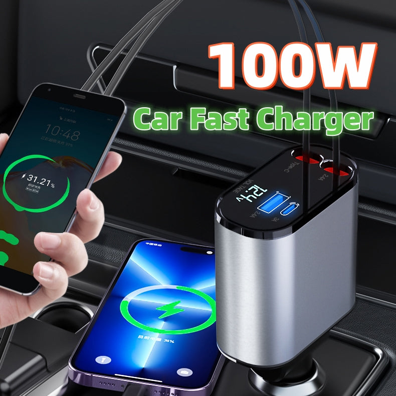 Retractable Car Charger - Dual Built-In Cables, USB & USB-C Fast Charging