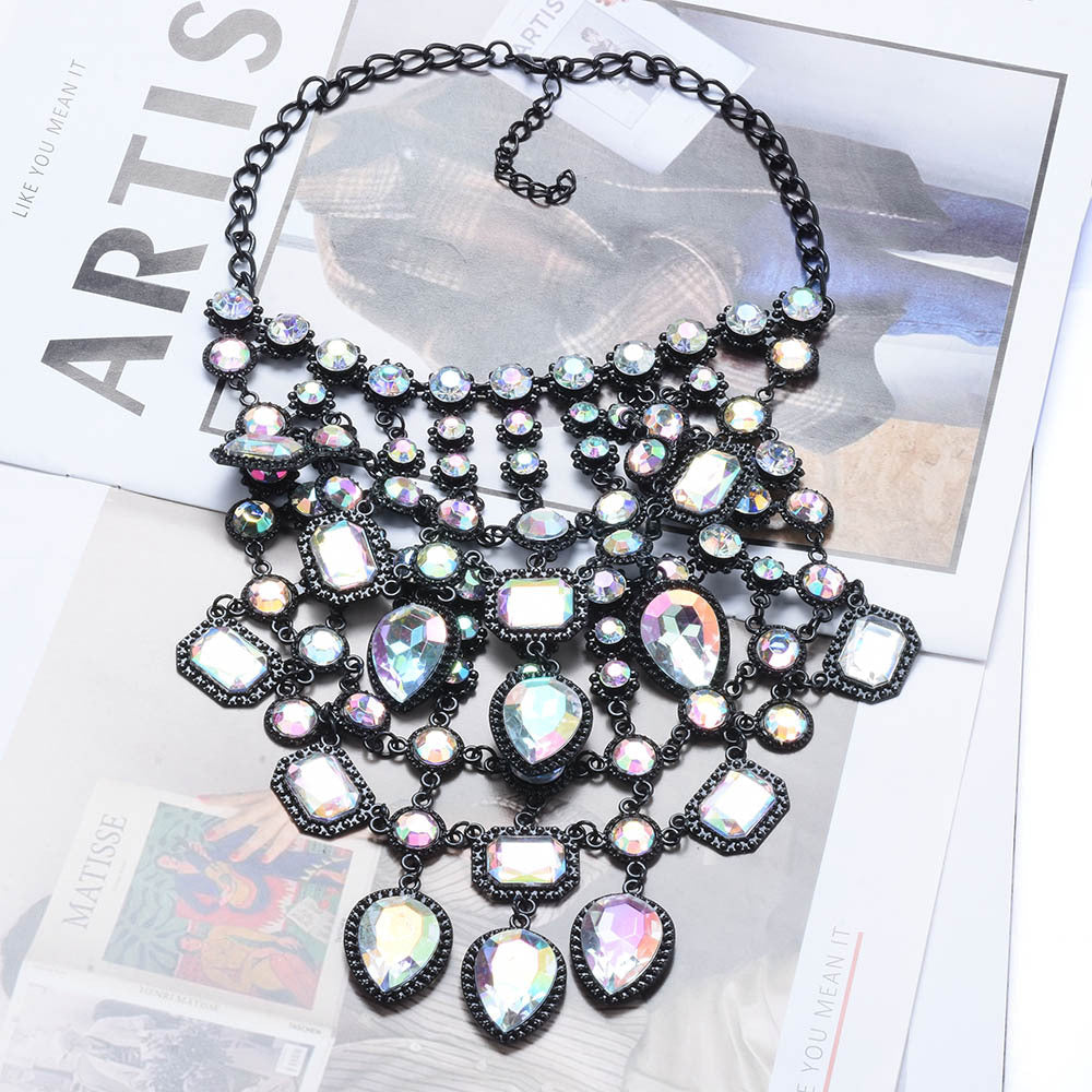 Creative Exaggerating Retro Multi-layer Style Alloy Inlaid Jewel Necklace for Women