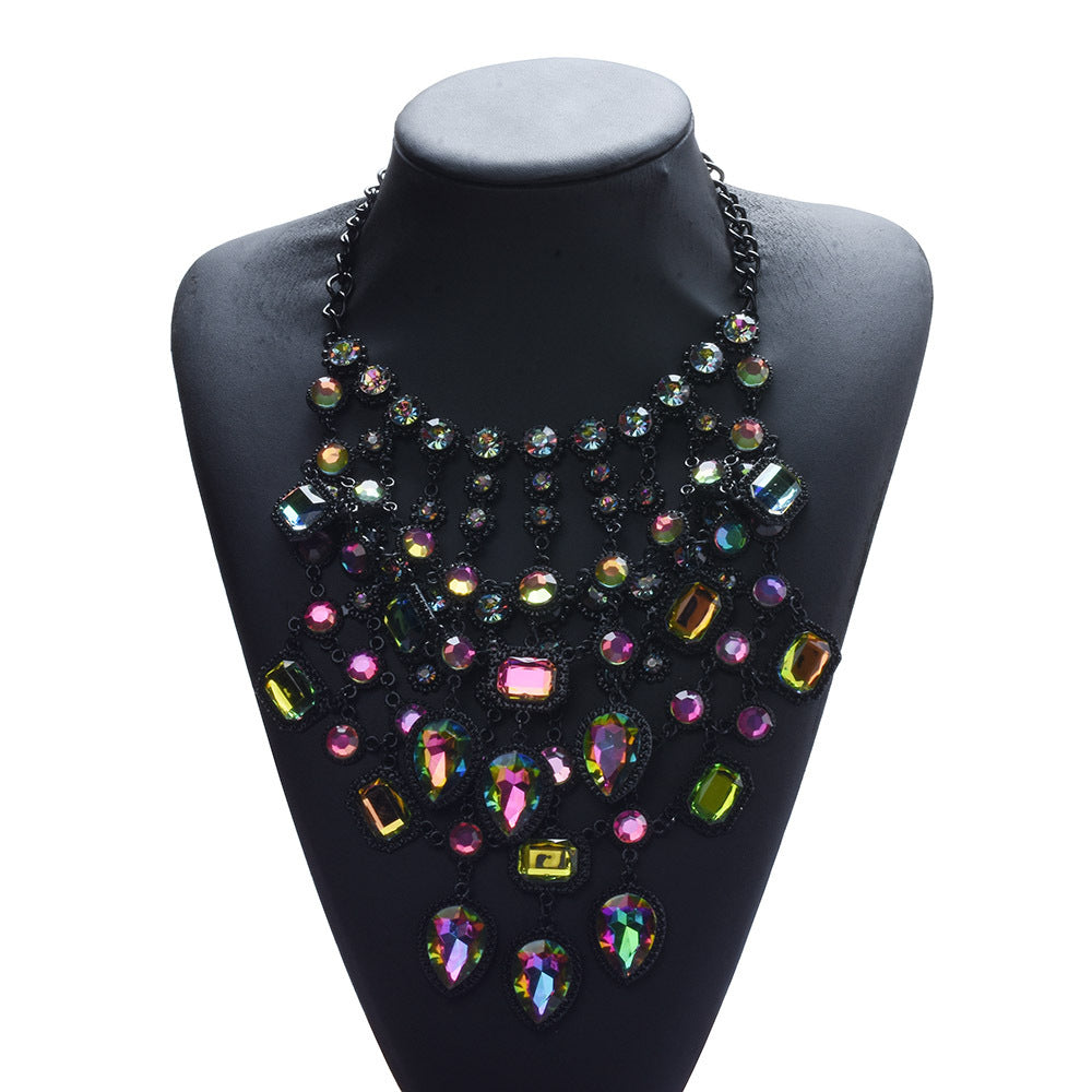 Creative Exaggerating Retro Multi-layer Style Alloy Inlaid Jewel Necklace for Women