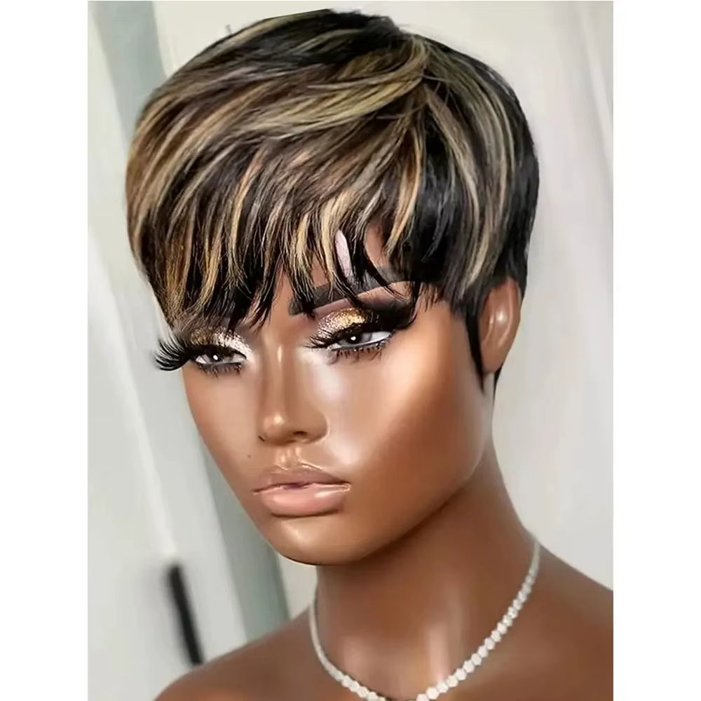 Short Pixie Cut Wig Human Hair Brazilian 100% Human Hair Full Machine Wigs Glueless Pixie Wig with Bangs for Women Natural Black